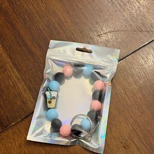 Beaded Bubble Tea Keychain Bracelet - Pink, Blue & Black